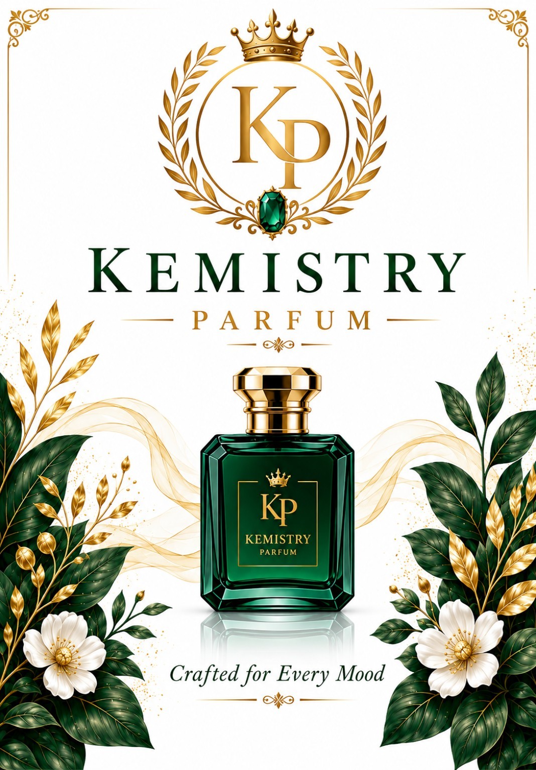 Brand Kemistry Parfum: monogram KP emas dengan mahkota, botol parfum emerald green, dan ornamen bunga